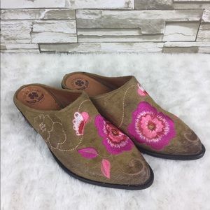 Lucky Brand Embroidered Cowhide Mules Brown